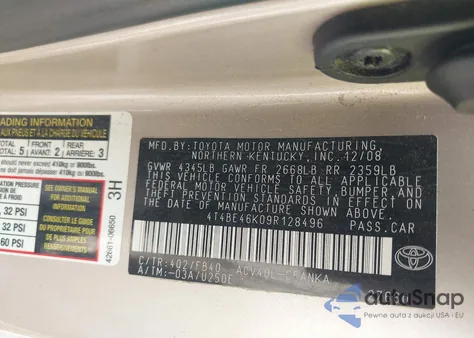 2009 Toyota Camry Le из США, поврежденный, VIN 4T4BE46K09R128496